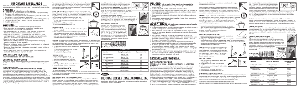 Important safeguards, Danger, Warning | Medidas preventivas importantes, Peligro, Advertencia, Save these instructions, Operating instructions, User maintenance, Guarde estas instrucciones | Andis Company RCT User Manual | Page 2 / 2