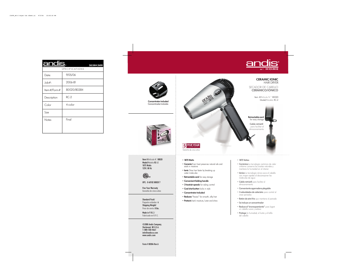 Andis Company RC-2 80020 User Manual | 1 page