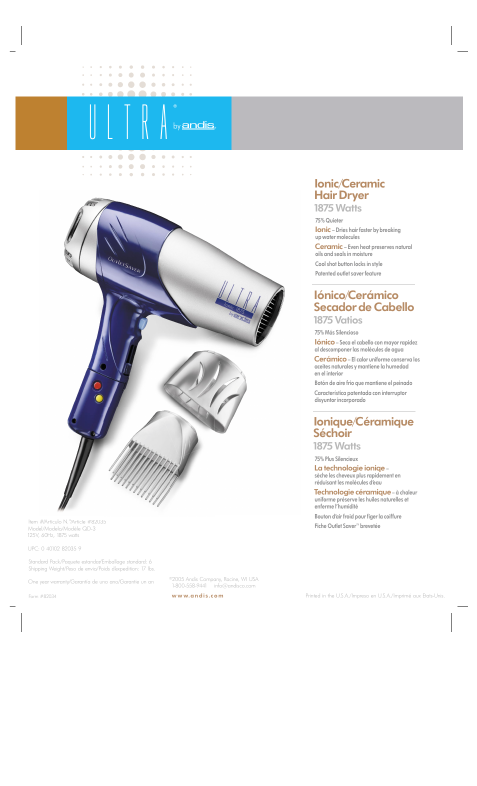 Andis Company Ultra Ionic/Ceramic Hair Dryer User Manual | 1 page