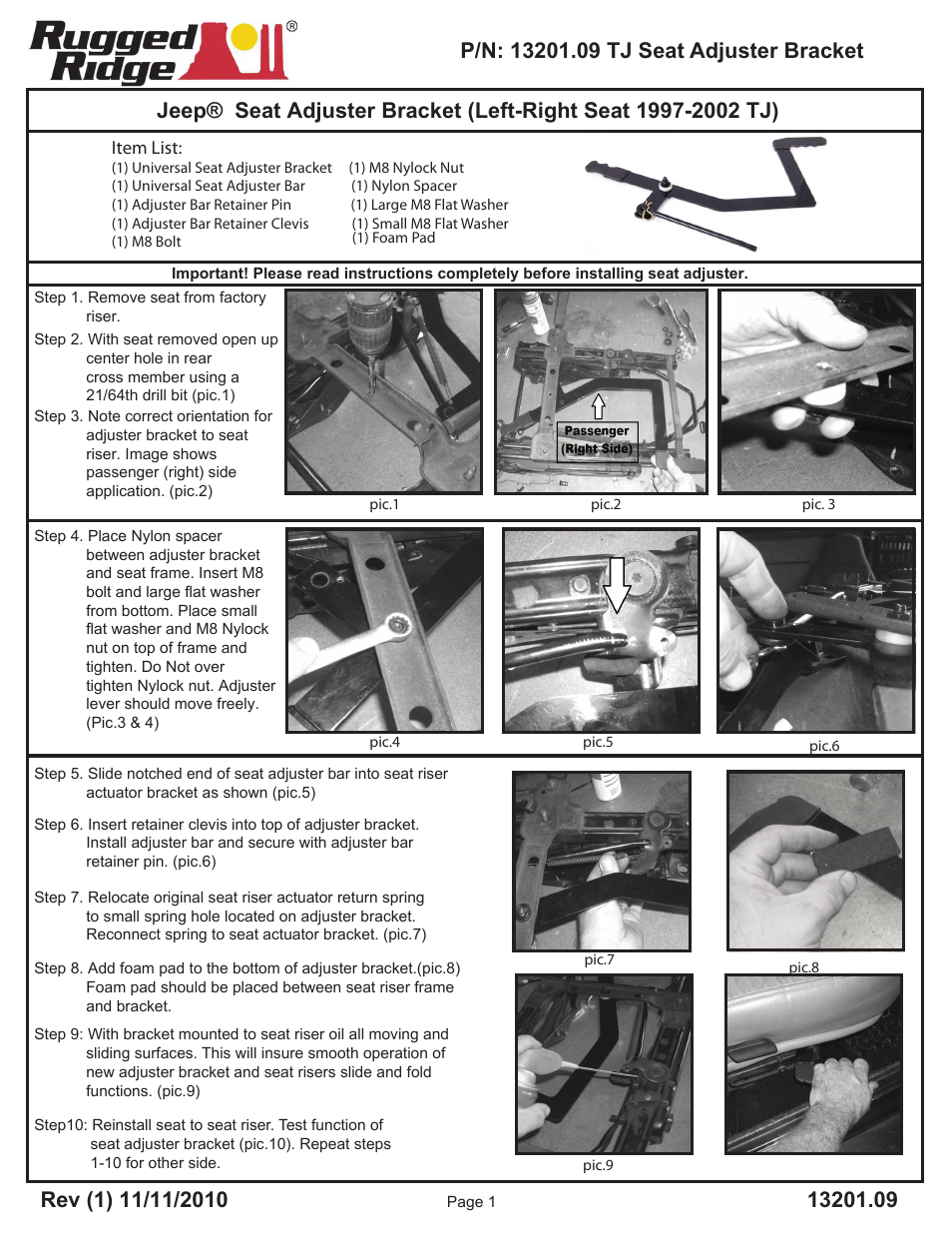 Rugged Ridge Seat Slide/Tilt Lever, 97-02 Jeep Wrangler (TJ) User Manual | 1 page