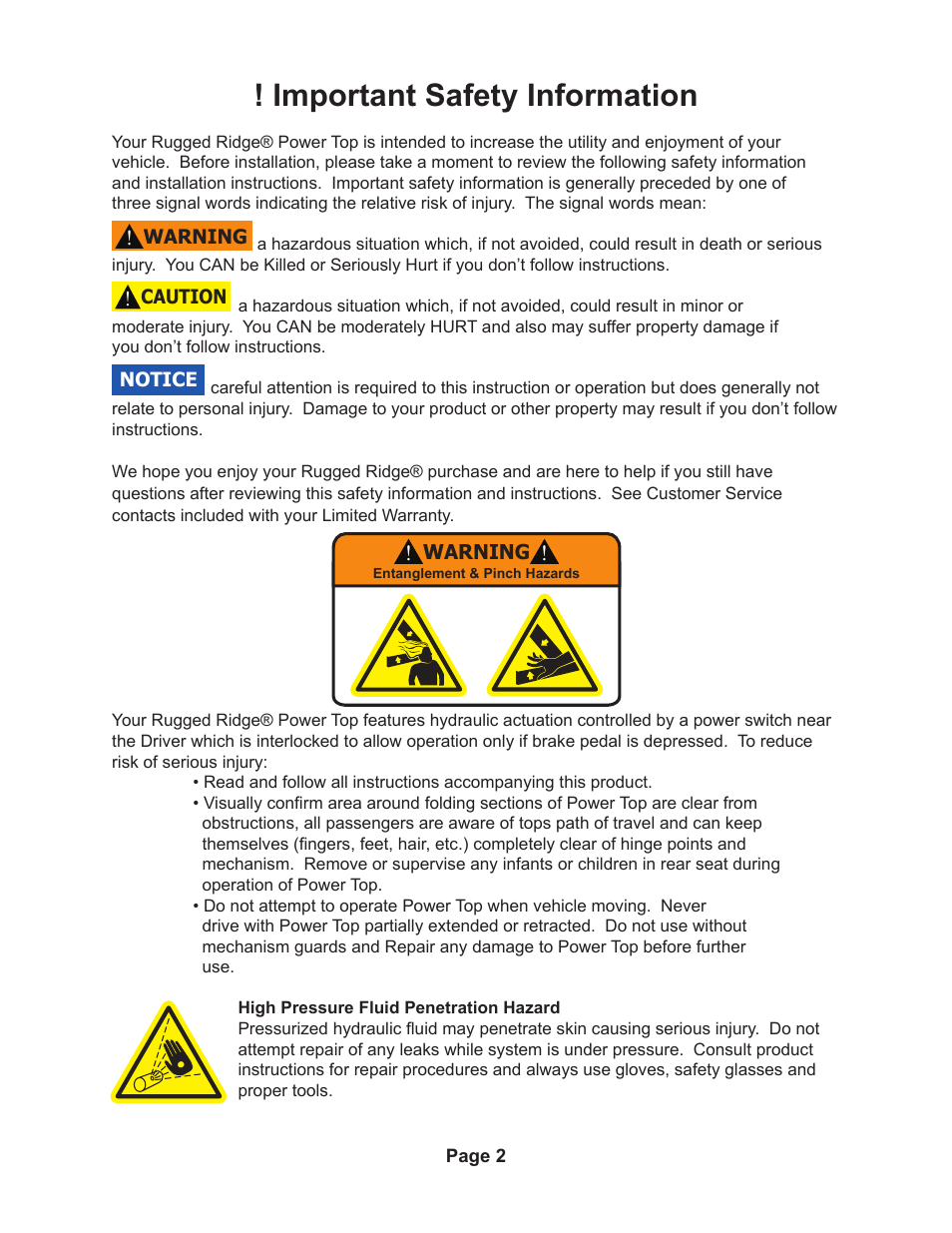 Important safety information | Rugged Ridge PowerTop Kit, 07-14 Jeep Wrangler Unlimited (JK), Black User Manual | Page 4 / 46