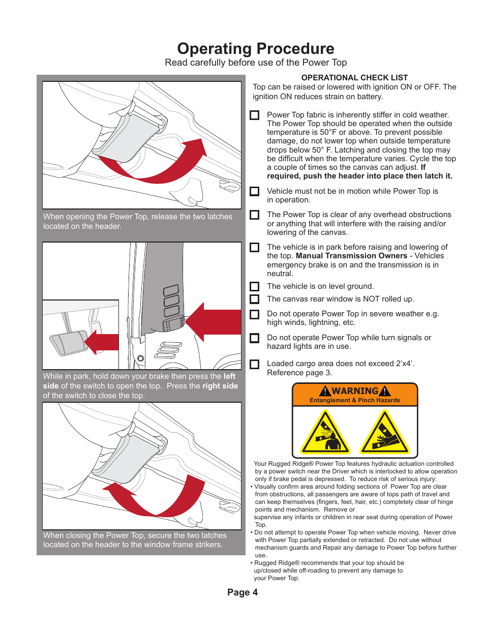 Operating procedure | Rugged Ridge PowerTop Kit, 07-14 Jeep Wrangler Unlimited (JK), Black User Manual | Page 6 / 46