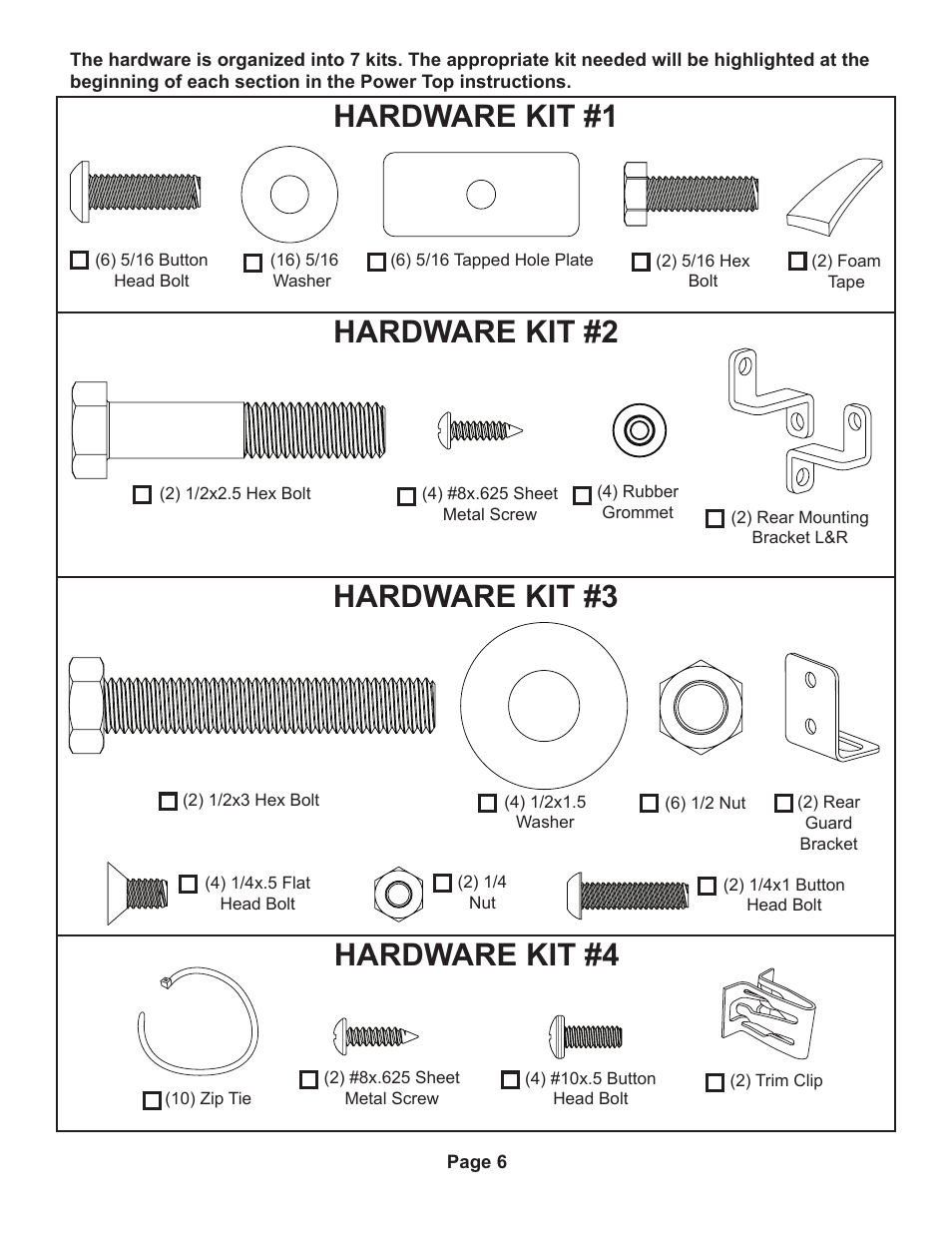 Hardware kit #1 hardware kit #2, Hardware kit #3, Hardware kit #4 | Rugged Ridge PowerTop Kit, 07-14 Jeep Wrangler Unlimited (JK), Black User Manual | Page 8 / 46