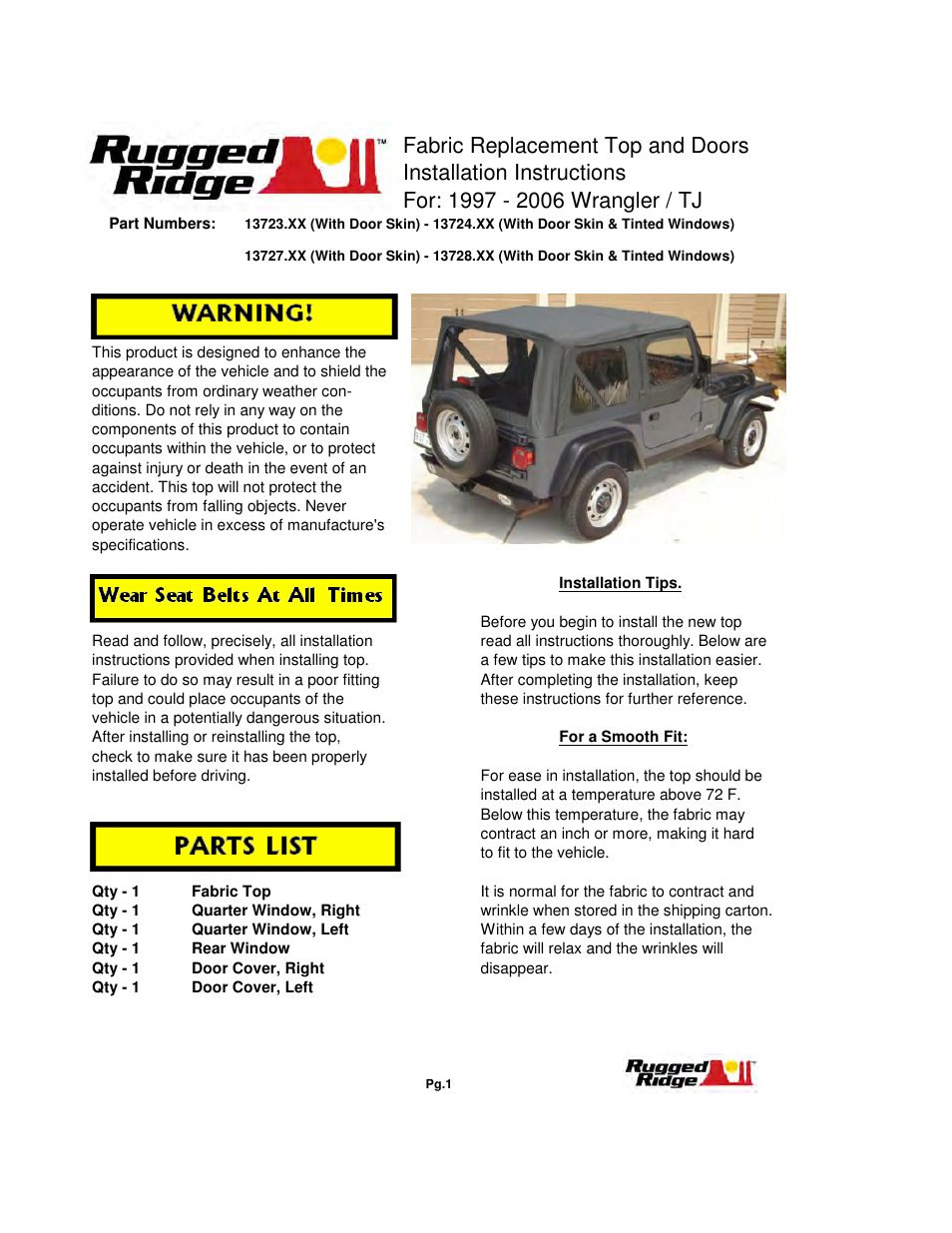 Rugged Ridge XHD Soft Top, Black Denim, Tinted Windows, 97-06 Jeep Wrangler (TJ) User Manual | 8 pages