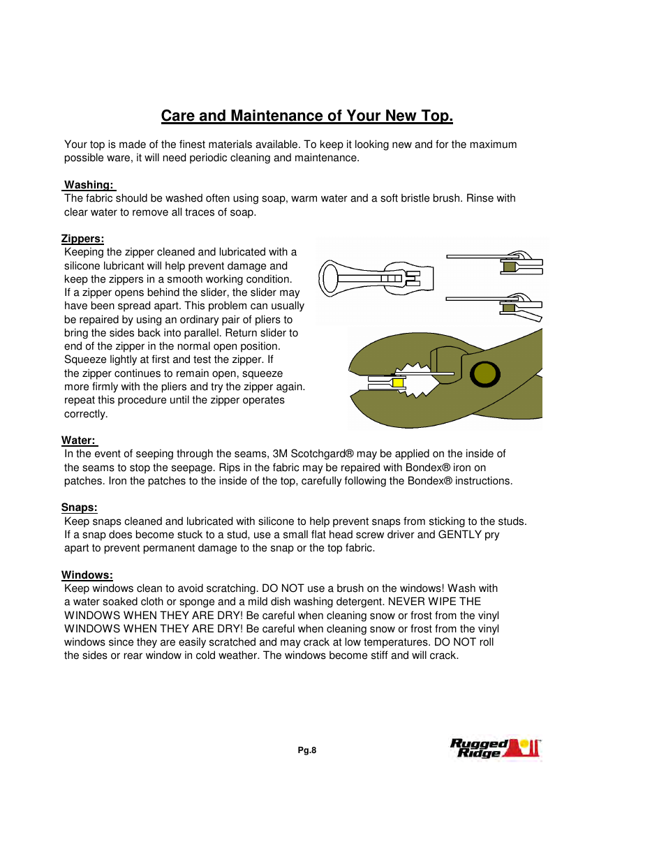 Care and maintenance of your new top | Rugged Ridge XHD Soft Top, Black Denim, Tinted Windows, 97-06 Jeep Wrangler (TJ) User Manual | Page 8 / 8