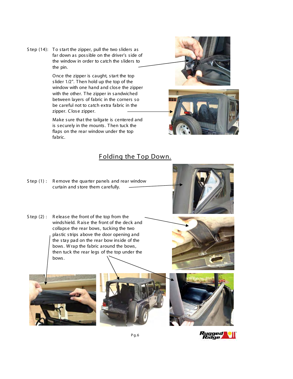 F olding the t op down | Rugged Ridge XHD Soft Top, Black Denim, Tinted Window, 97-06 Jeep Wrangler (TJ) User Manual | Page 6 / 7
