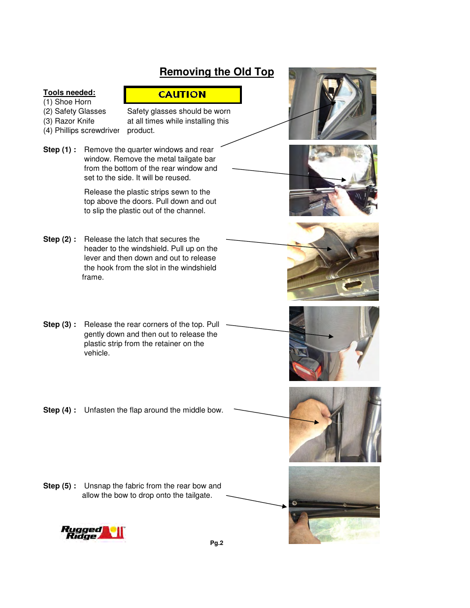 Removing the old top | Rugged Ridge XHD Soft Top, Spice, Tinted Windows, 97-06 Jeep Wrangler (TJ) User Manual | Page 2 / 8