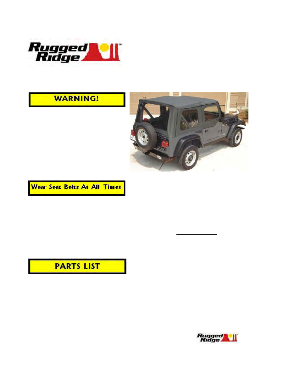 Rugged Ridge XHD Soft Top, Spice, Tinted Window, 97-06 Jeep Wrangler (TJ) User Manual | 7 pages