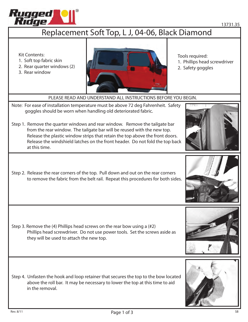 Rugged Ridge XHD Replacement Top, Black Diamond, 04-06 Jeep LJ Wrangler User Manual | 3 pages
