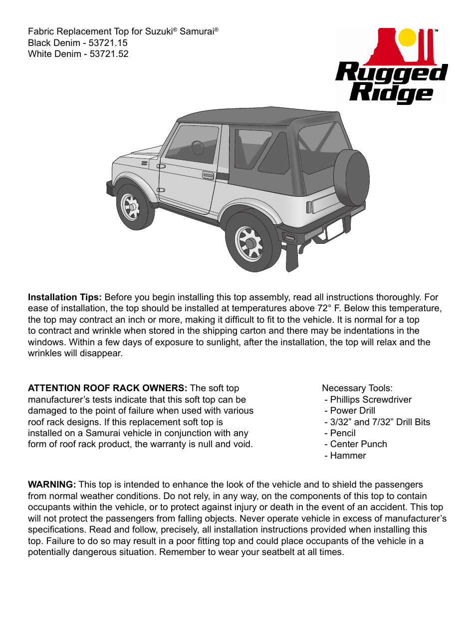 Rugged Ridge XHD Soft Top, Black Denim, Clear Windows, 81-98 Suzuki Samurais User Manual | 5 pages