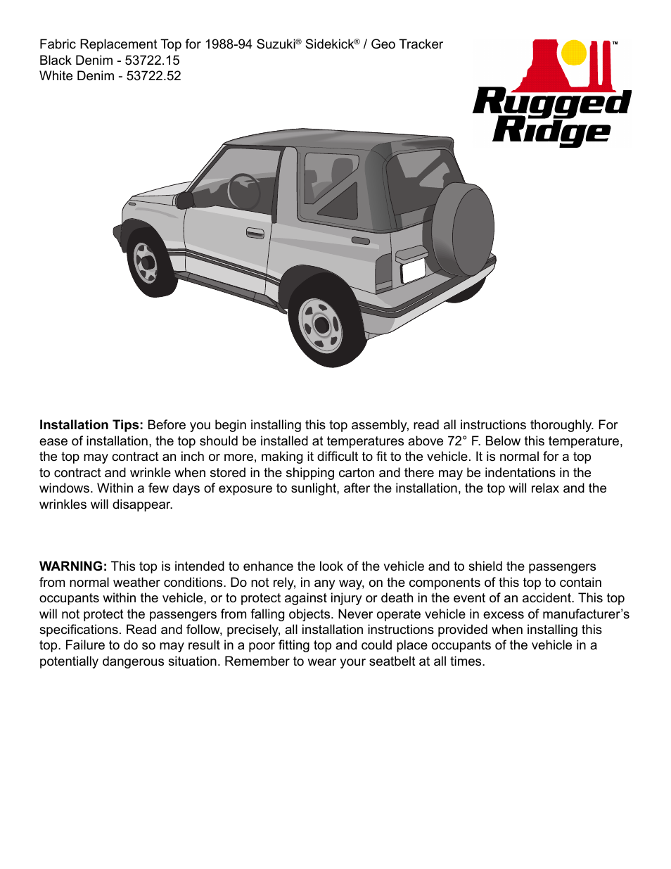 Rugged Ridge XHD Soft Top, Black Denim, Clear Windows, 88-94 Suzuki Sidekicks User Manual | 4 pages