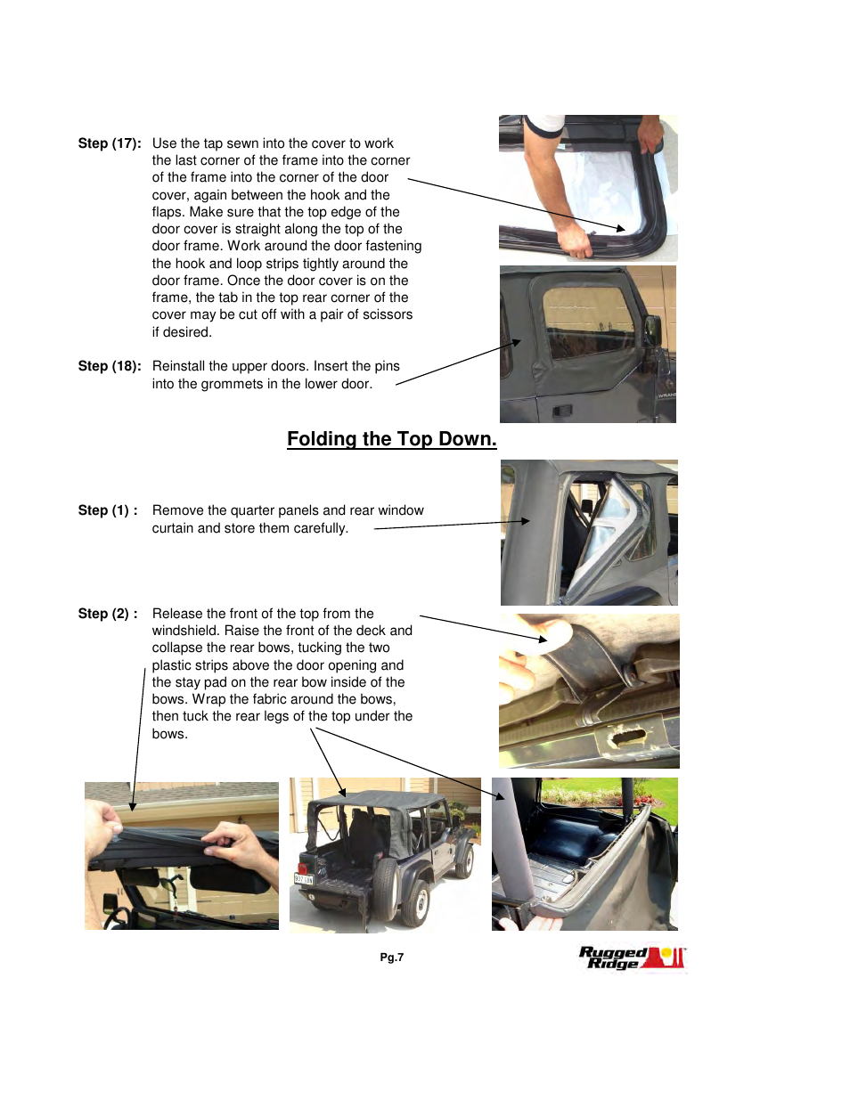 Folding the top down | Rugged Ridge XHD Soft Top, Tan, Tinted Windows, 97-06 Jeep Wrangler (TJ) User Manual | Page 7 / 8