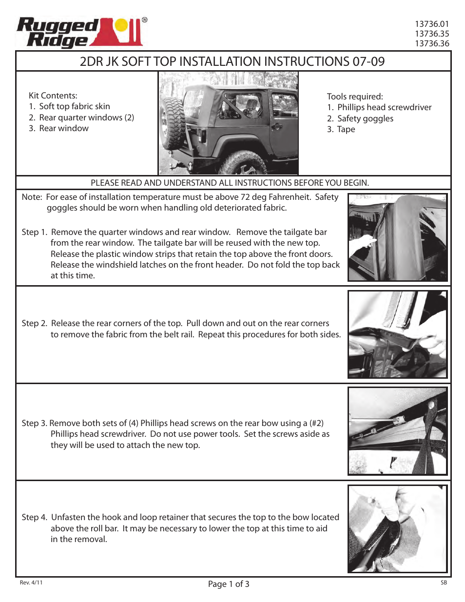 Rugged Ridge XHD Replacement Top, Black Diamond, 07-09 Jeep Wrangler (JK) User Manual | 3 pages