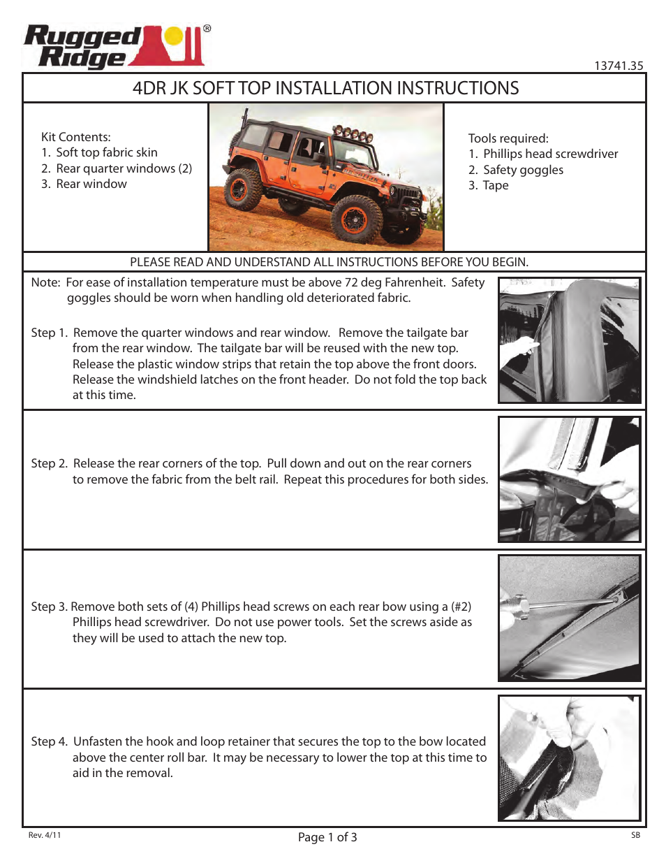 Rugged Ridge XHD Soft Top, Black Diamond, 07-09 Jeep Wrangler Unlimited (JK) User Manual | 3 pages