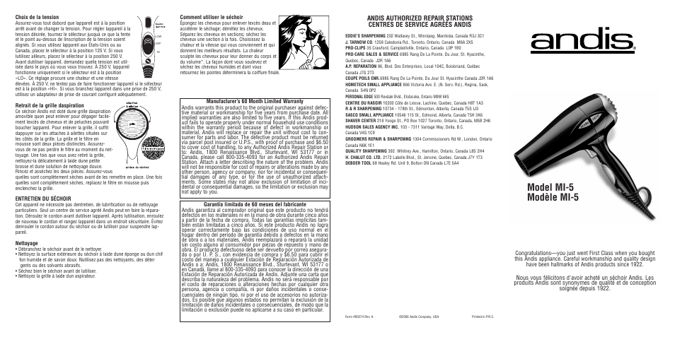 Model mi-5 modèle mi-5 | Andis Company MI-5 User Manual | Page 2 / 2