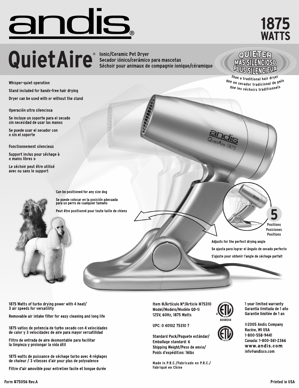 Quietaíré, Watts, Dêiissi | Andis Company QuietAire User Manual | Page 2 / 2
