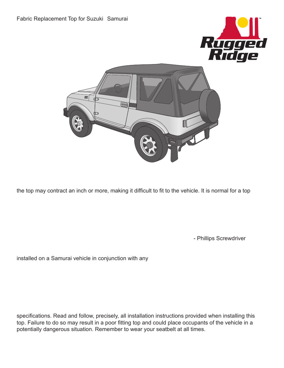 Rugged Ridge Replacement Soft Top, Black Denim, Clear Windows, Suzuki Samurai User Manual | 5 pages