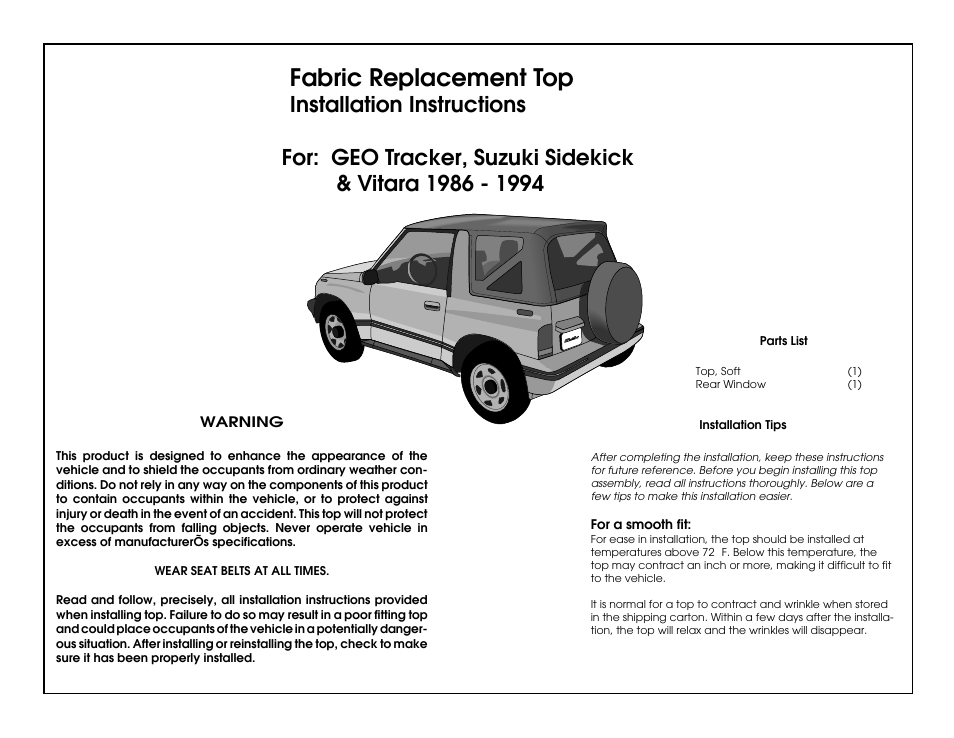 Rugged Ridge Soft Top, Black Denim, Clear Windows, 88-94 Suzuki Sidekicks User Manual | 8 pages