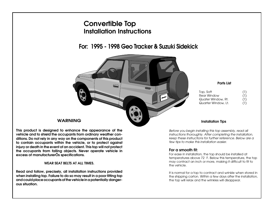 Rugged Ridge Soft Top, Black Denim, Clear Windows, 95-98 Suzuki Sidekicks User Manual | 7 pages