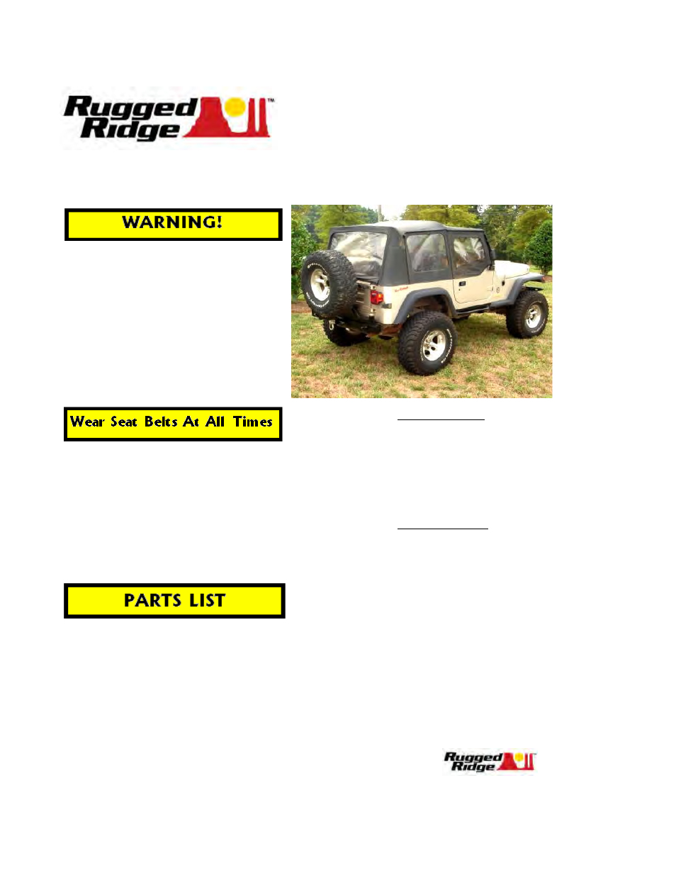 Rugged Ridge Soft Top, Door Skins, Black Denim, Clear Windows, 88-95 Jeep Wrangler User Manual | 6 pages