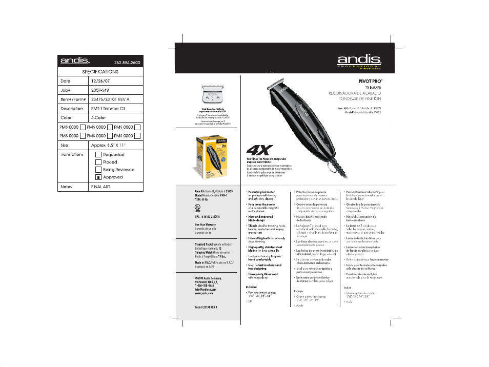 Andis Company Pivot Pro Trimmer PMT-1 User Manual | 1 page