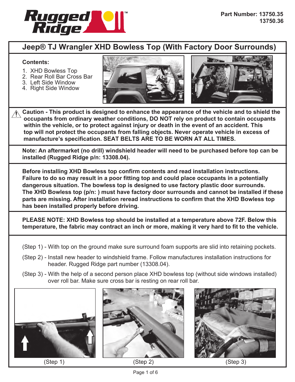 Rugged Ridge Sailcloth Bowless XHD Soft Top, Black, 97-06 Jeep Wrangler (TJ) User Manual | 6 pages