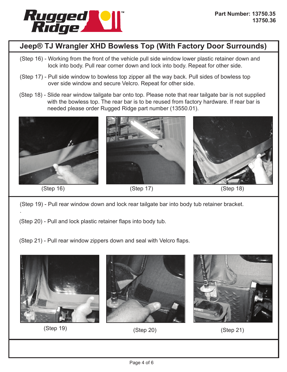 Rugged Ridge Sailcloth Bowless XHD Soft Top, Black, 97-06 Jeep Wrangler (TJ) User Manual | Page 4 / 6