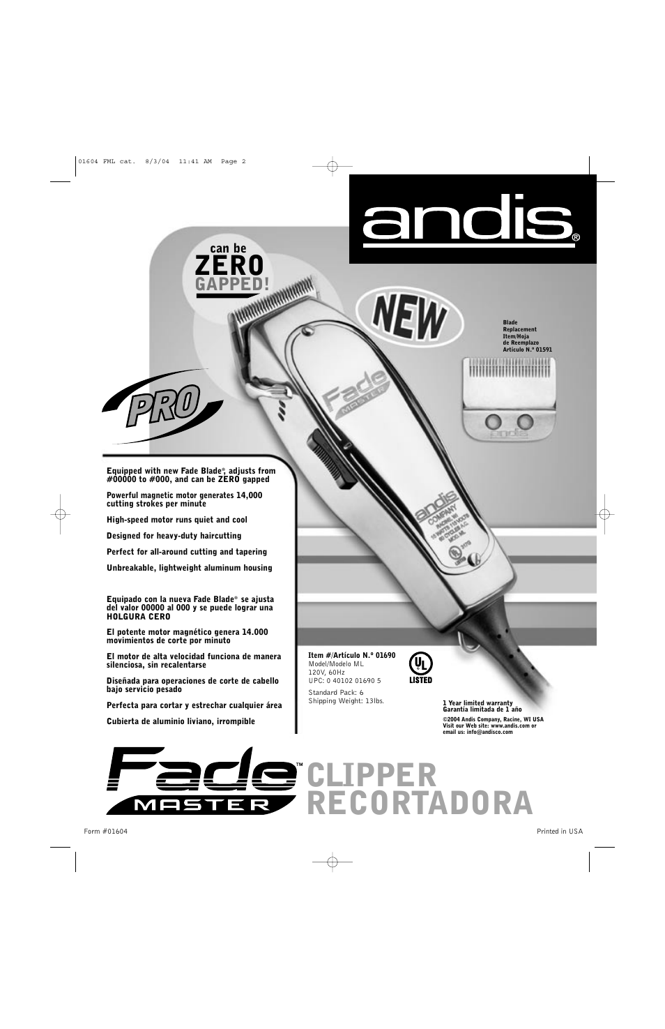 Andis, Clipper, Recortadora | Clipper recortadora, Zero, Gapped | Andis Company 01690 User Manual | Page 2 / 2