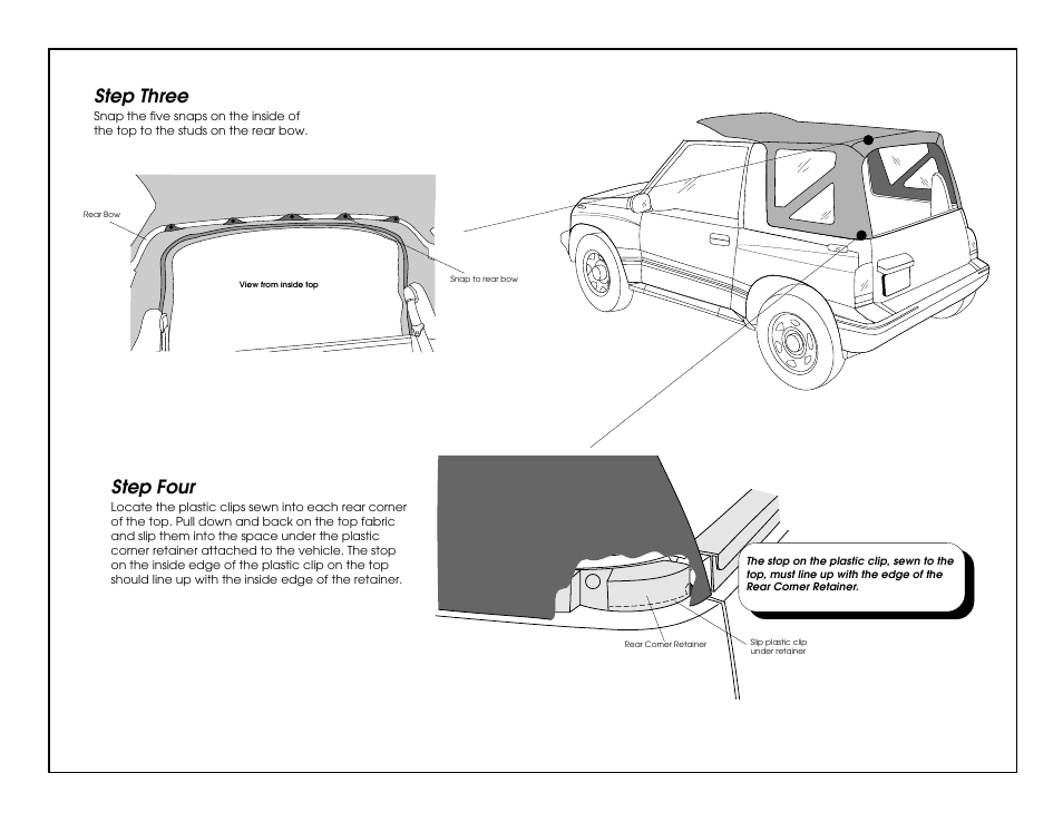 Step three, Step four | Rugged Ridge Soft Top, White Denim, Clear Windows, 88-94 Suzuki Sidekicks User Manual | Page 3 / 8
