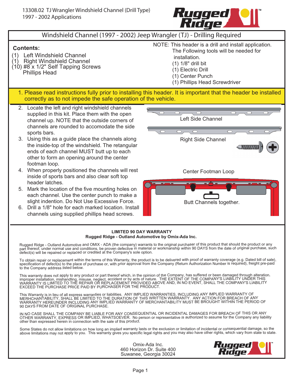 Rugged Ridge Windshield Channel, Drill, 97-02 Jeep Wrangler (TJ) User Manual | 1 page