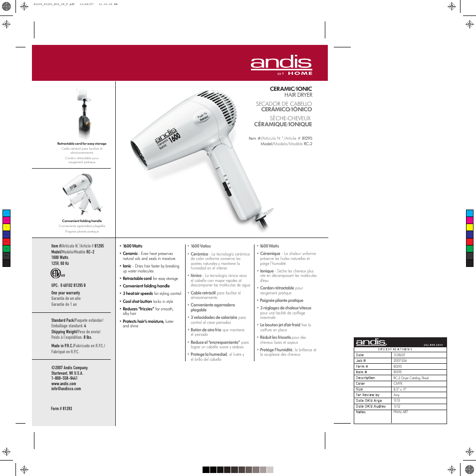 Andis Company RC-2 User Manual | 1 page