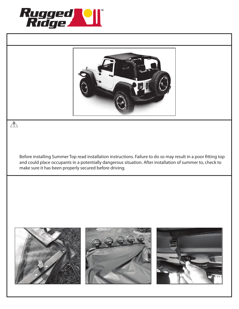 Rugged Ridge Summer Brief Top, Diamond Khaki, 10-14 Jeep Wrangler (JK) User Manual | 3 pages