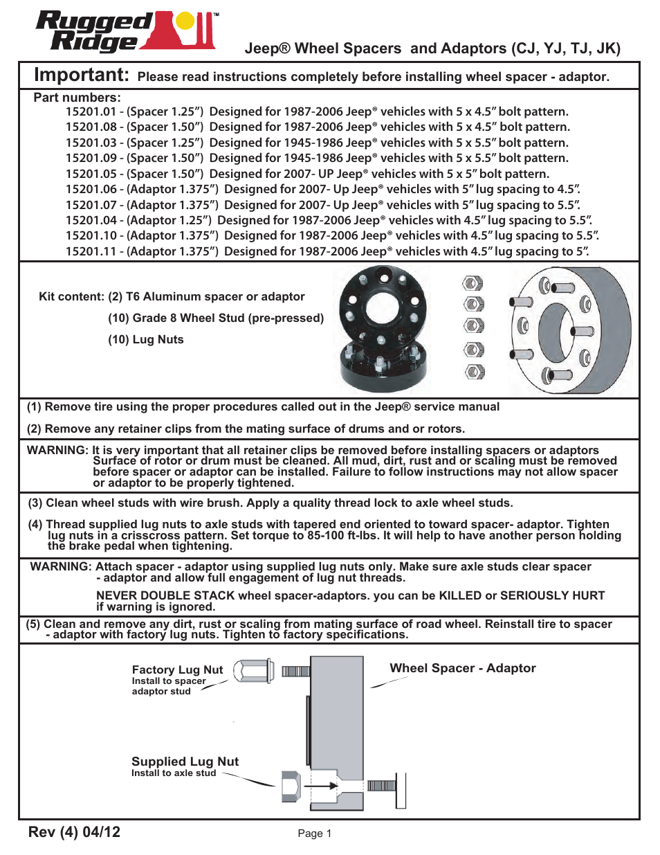 Rugged Ridge Wheel Adapters, 1.375 Inch, 5 x 4.5-inch to 5 x 5-inch User Manual | 1 page