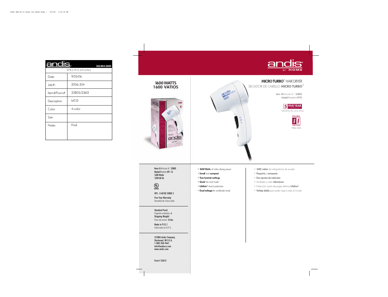 Andis Company Micro Turbo MT-12 User Manual | 1 page