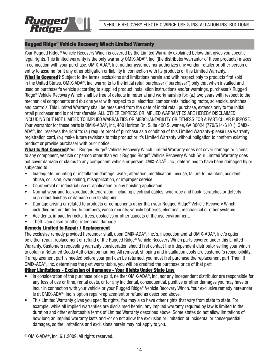 Rugged Ridge Performance 10,500 lbs Off Road Winch User Manual | Page 14 / 14