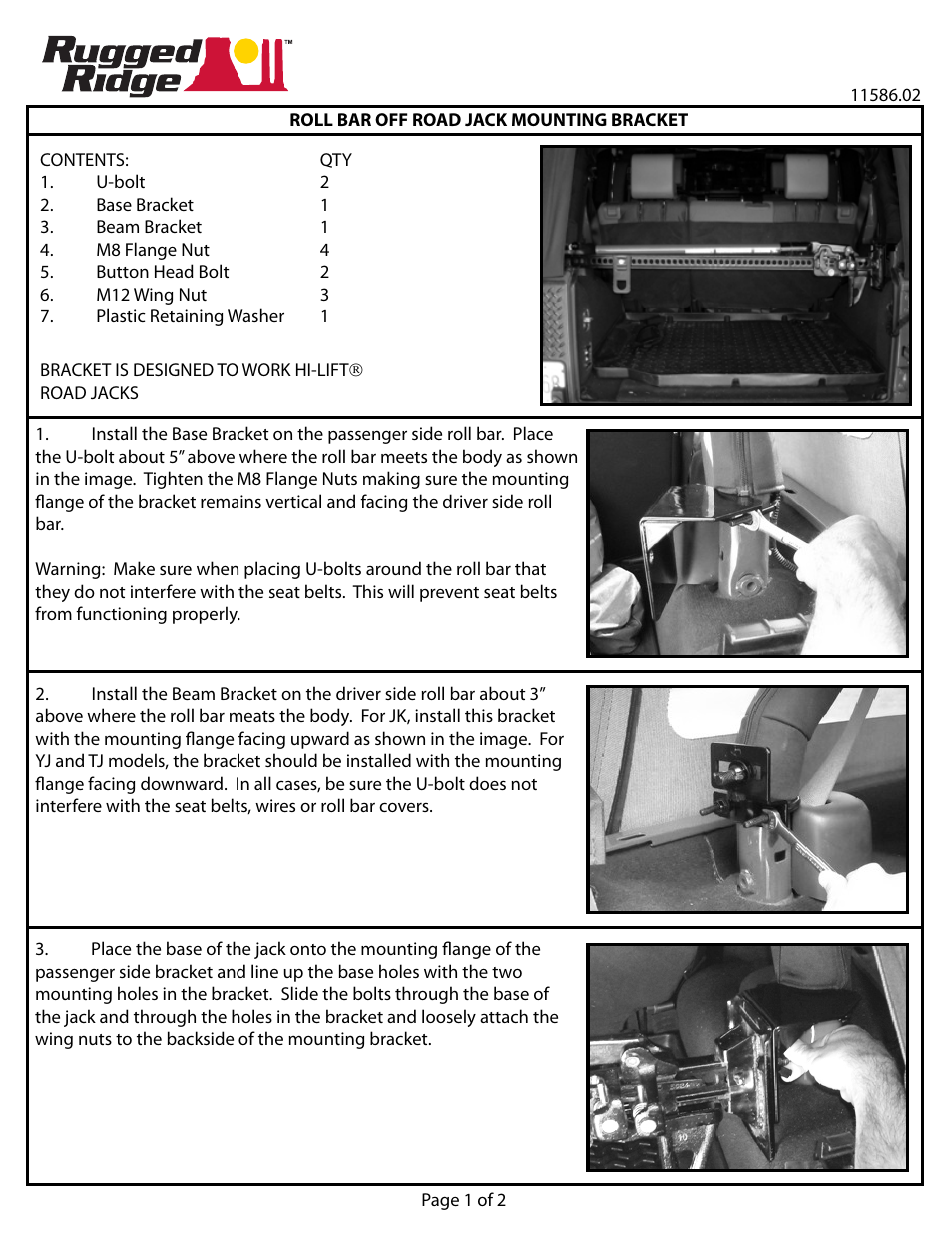 Rugged Ridge Offroad Jack Roll Bar Mounting Bracket, 92-14 Jeep Wrangler User Manual | 2 pages