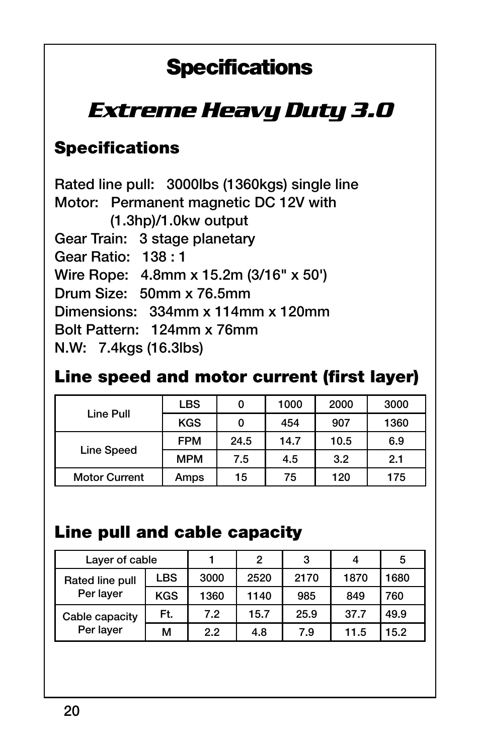 Extreme heavy duty 3.0, Specifications | Rugged Ridge 3,000 Pound Heavy Duty Winch, ATV/UTV User Manual | Page 20 / 23