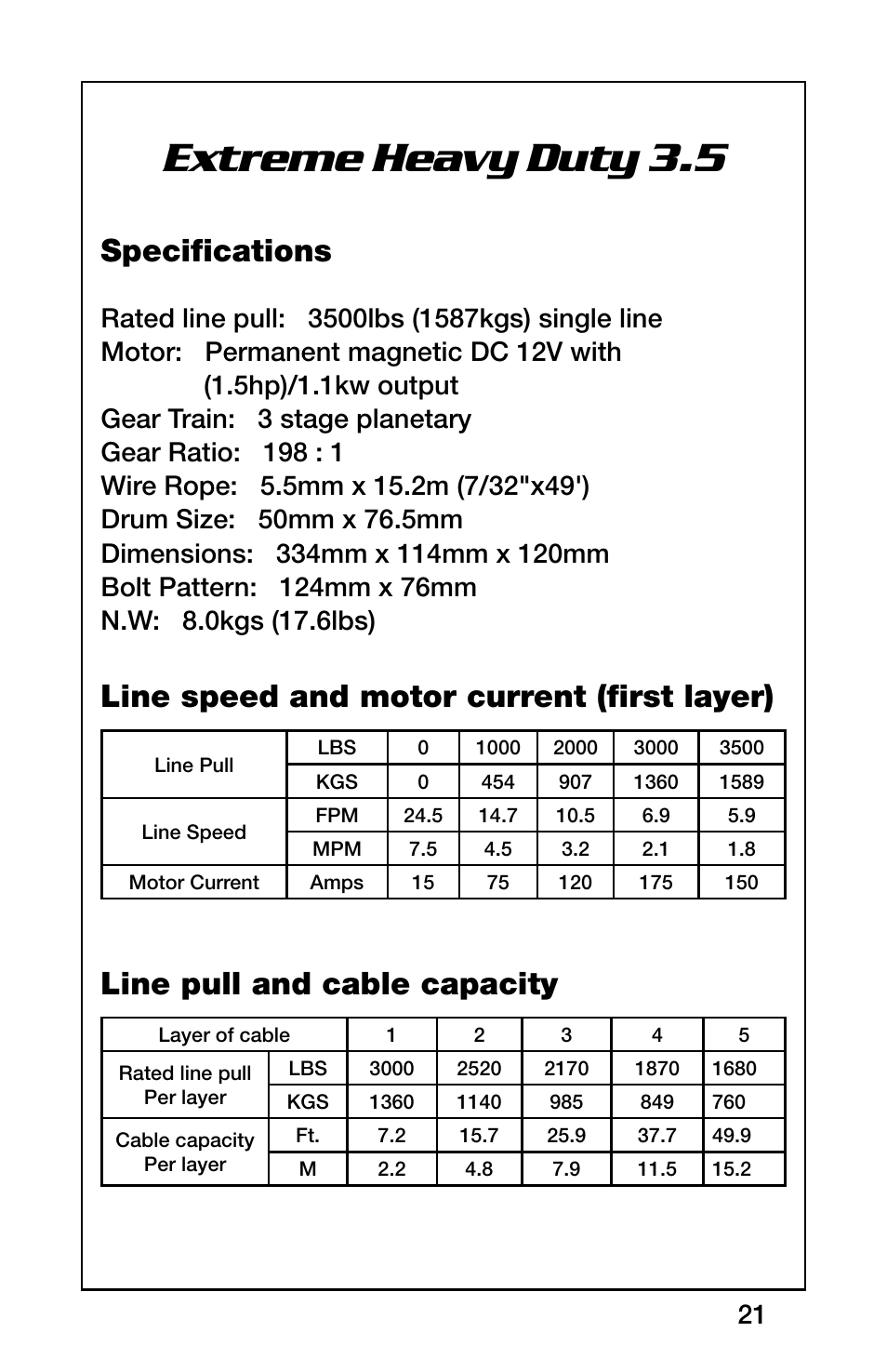 Extreme heavy duty 3.5, Specifications | Rugged Ridge 3,000 Pound Heavy Duty Winch, ATV/UTV User Manual | Page 21 / 23