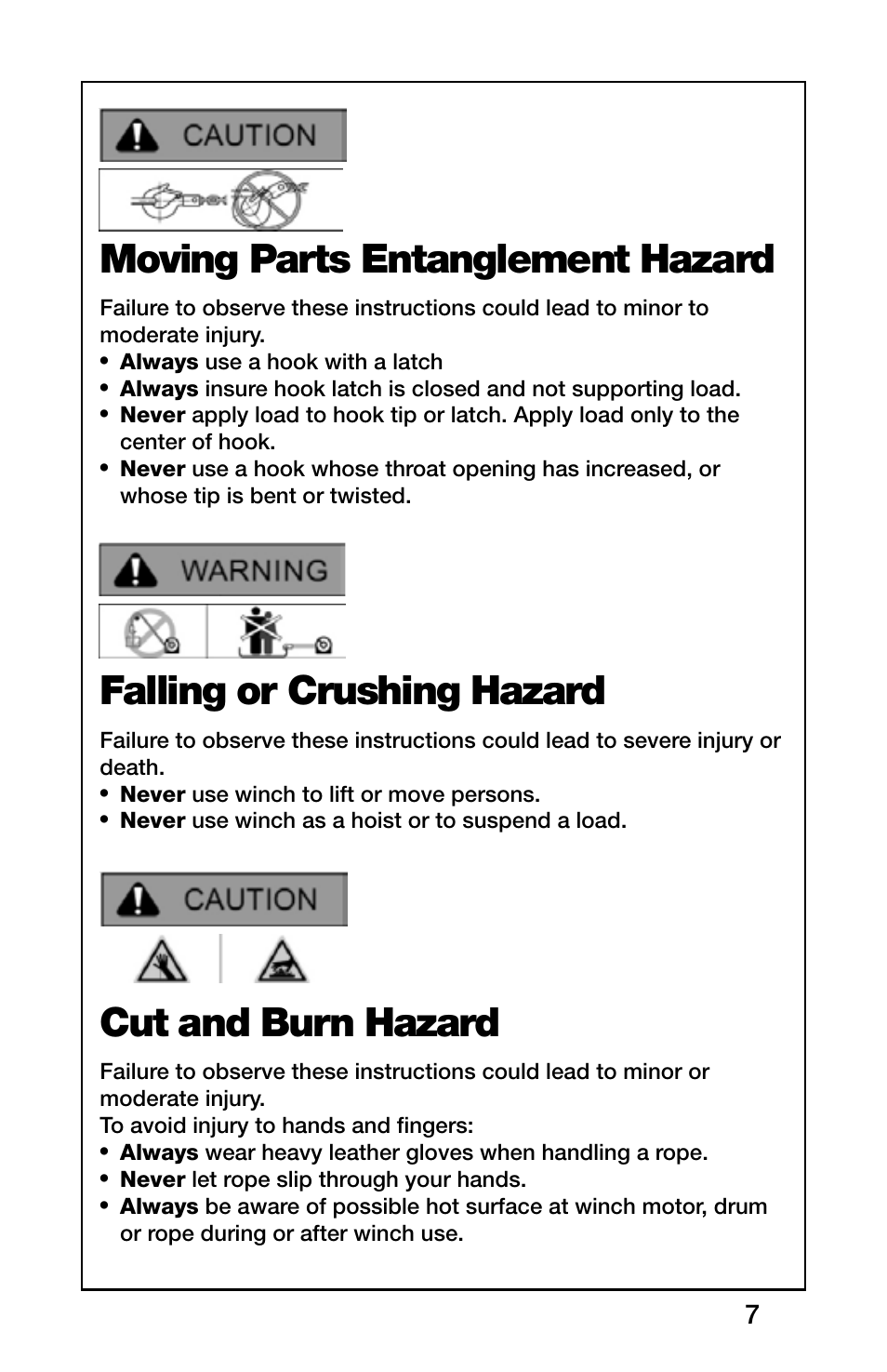 Moving parts entanglement hazard, Falling or crushing hazard, Cut and burn hazard | Rugged Ridge 3,000 Pound Heavy Duty Winch, ATV/UTV User Manual | Page 7 / 23