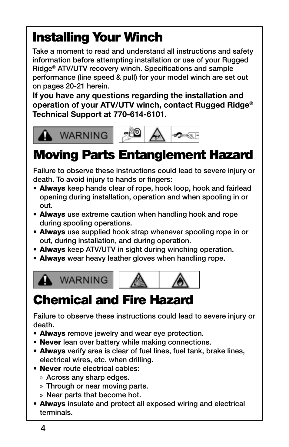 Moving parts entanglement hazard, Chemical and fire hazard, Installing your winch | Rugged Ridge 2,000 Pound Heavy Duty Winch, ATV/UTV User Manual | Page 4 / 21