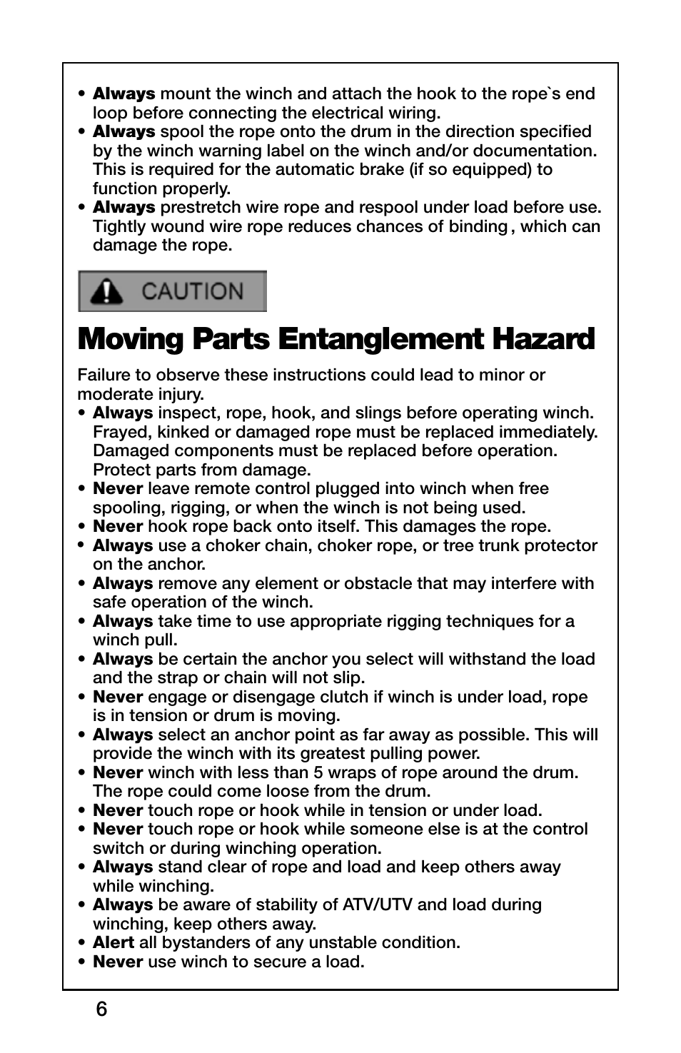 Moving parts entanglement hazard | Rugged Ridge 2,000 Pound Heavy Duty Winch, ATV/UTV User Manual | Page 6 / 21