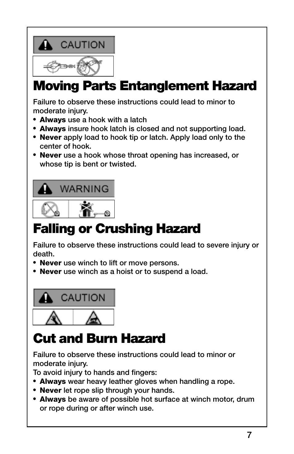 Moving parts entanglement hazard, Falling or crushing hazard, Cut and burn hazard | Rugged Ridge 2,000 Pound Heavy Duty Winch, ATV/UTV User Manual | Page 7 / 21