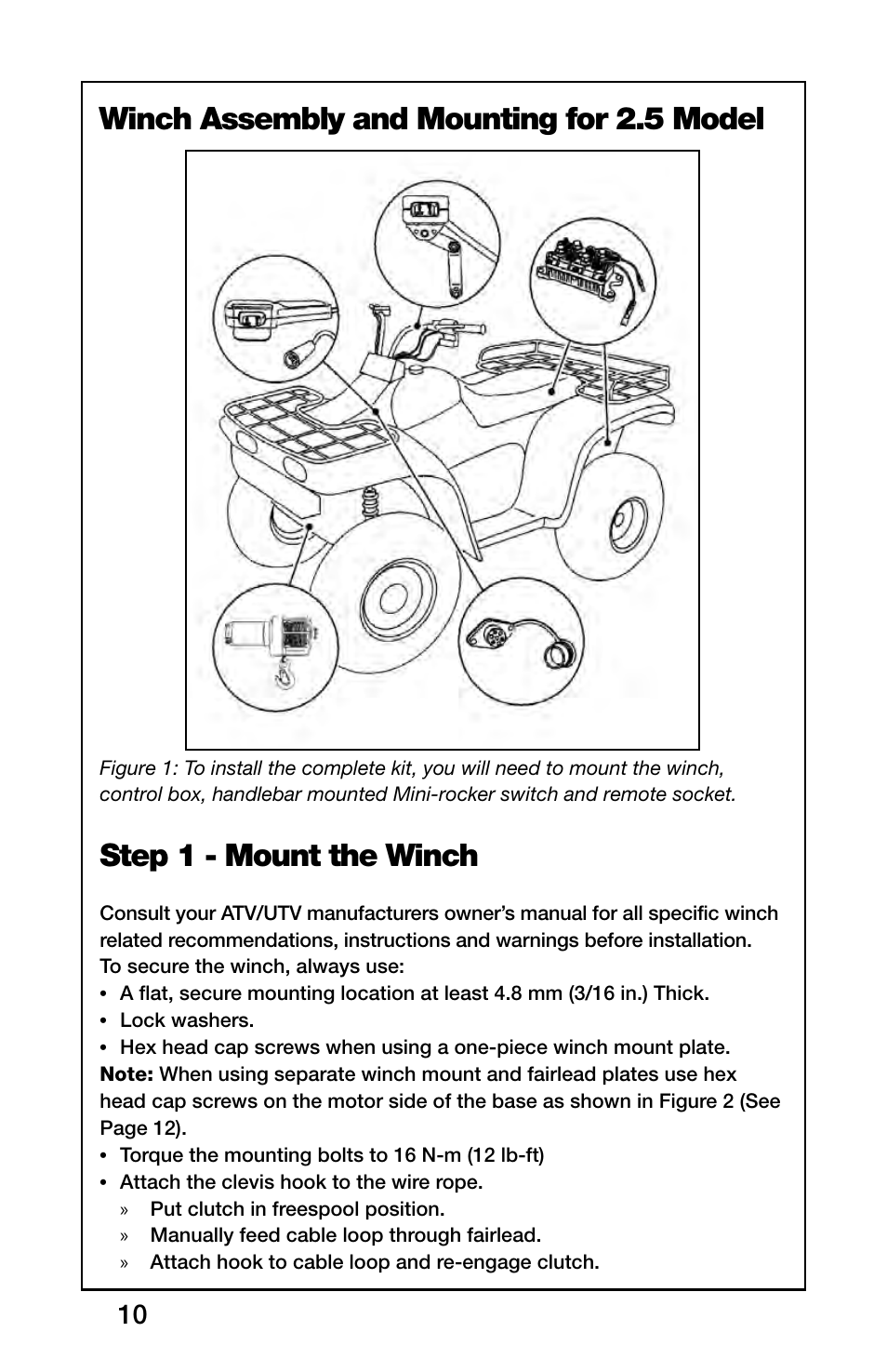 Winch assembly and mounting for 2.5 model, Step 1 - mount the winch | Rugged Ridge 2,500 Pound Heavy Duty Winch, ATV/UTV User Manual | Page 10 / 21