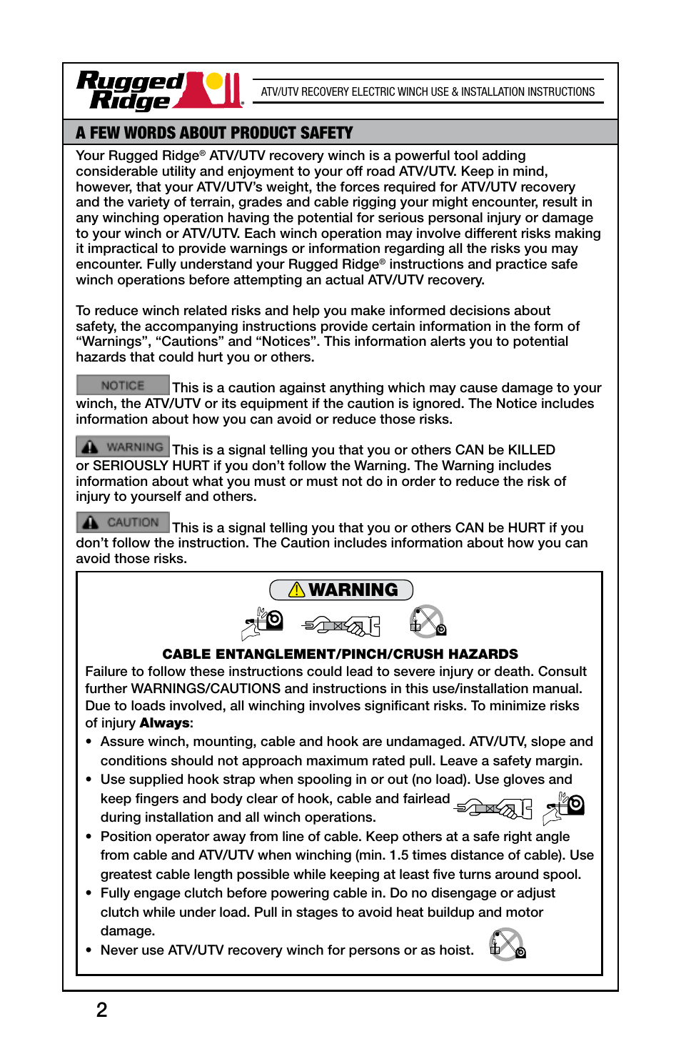 Warning, A few words about product safety | Rugged Ridge 2,500 Pound Heavy Duty Winch, ATV/UTV User Manual | Page 2 / 21