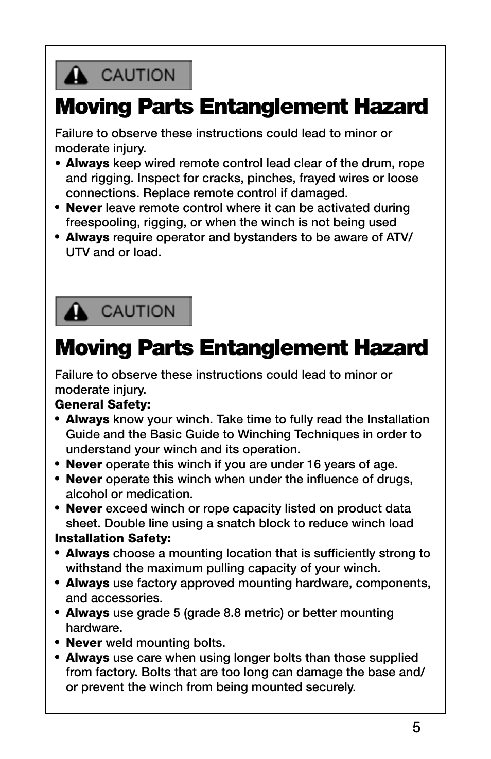 Moving parts entanglement hazard | Rugged Ridge 2,500 Pound Heavy Duty Winch, ATV/UTV User Manual | Page 5 / 21