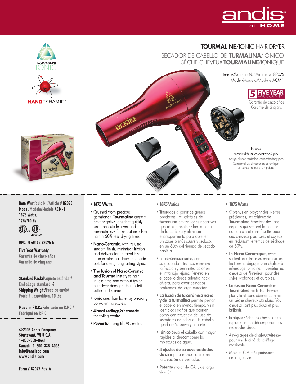 Andis Company 82075 User Manual | 1 page