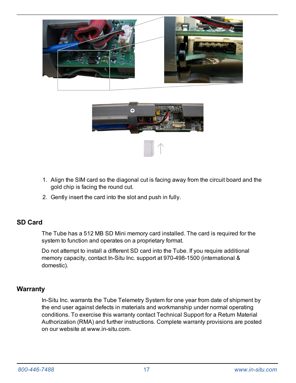 Sd card, Warranty | In-Situ Tube 300R Telemetry System User Manual | Page 17 / 44