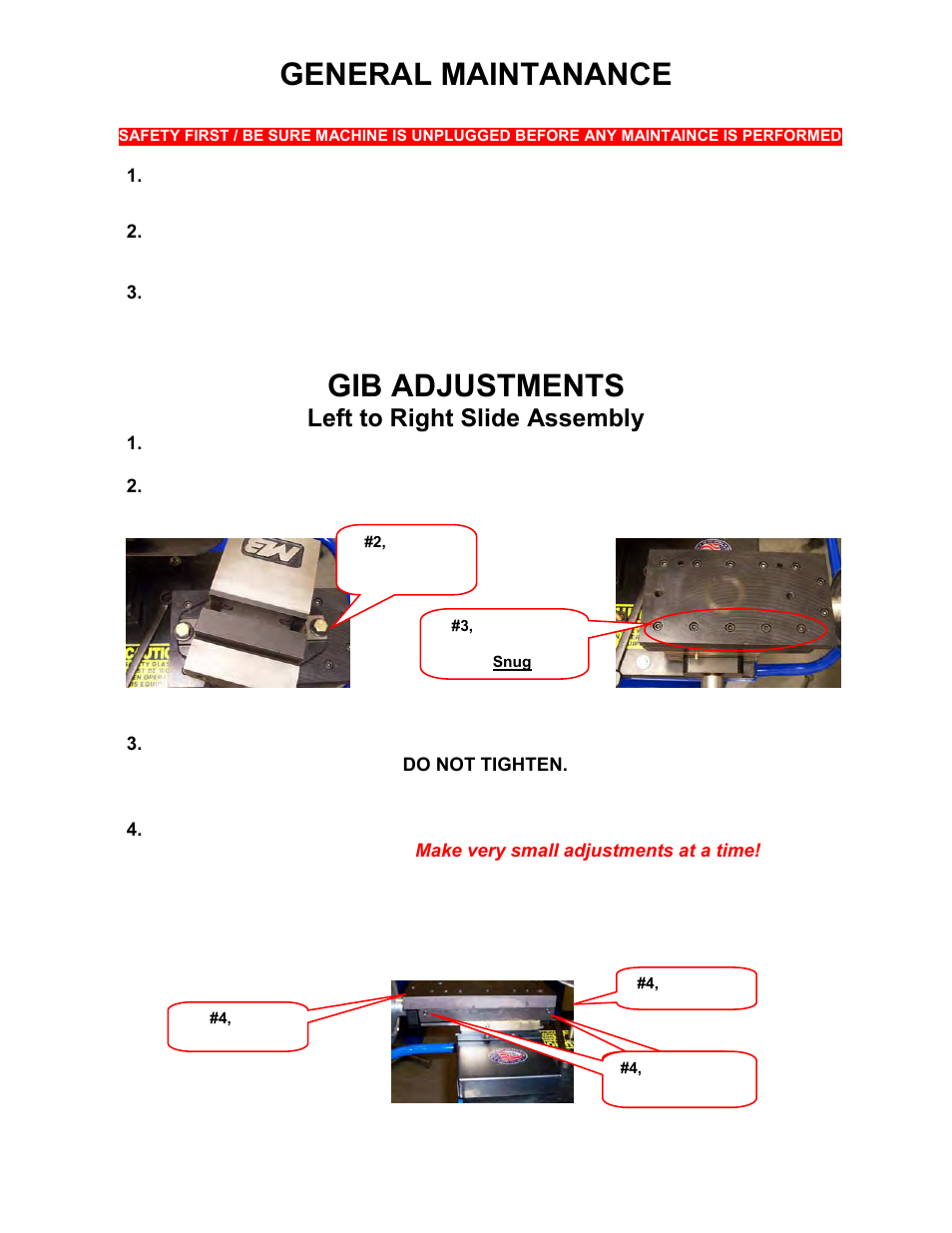 General maintanance, Gib adjustments, Left to right slide assembly | Mittler Bros Machine & Tool 400-VSUADJ User Manual | Page 11 / 38