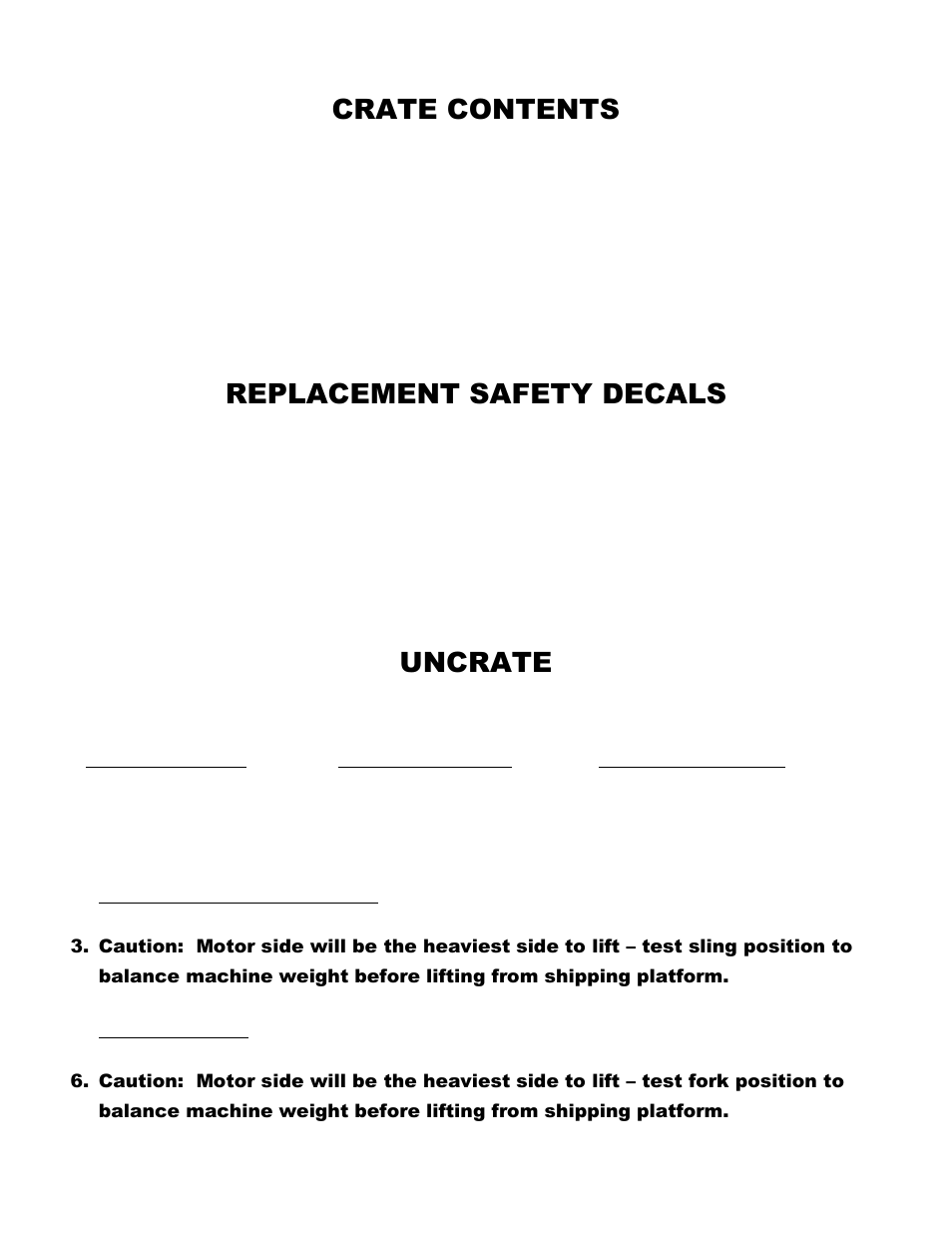 Crate contents, Replacement safety decals, Uncrate | Mittler Bros Machine & Tool 400-VSUADJ User Manual | Page 3 / 38