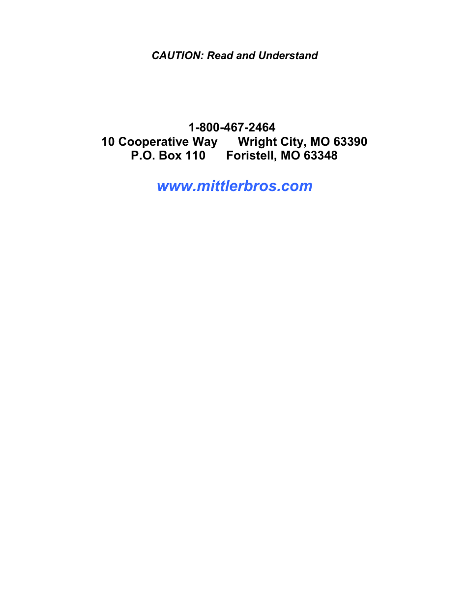 Caution: read and understand, 10 cooperative way wright city, mo 63390 | Mittler Bros Machine & Tool 400-VSUADJ User Manual | Page 38 / 38